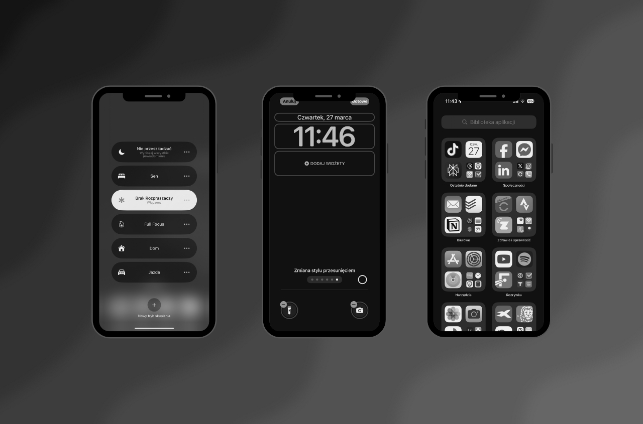 Widok ekranu iPhone'a z aktywnym trybem "Brak Rozpraszaczy", prezentujący interfejs ustawień trybu skupienia, ciemną tapetę oraz aplikacje w skali szarości.